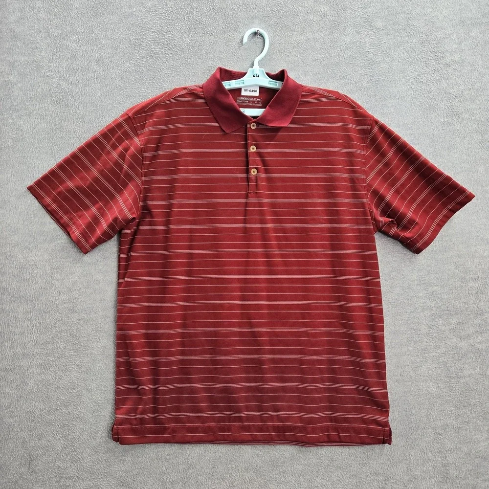 Nike‎ Golf Men Polo L Red Striped Button Short Sleeve Polyester